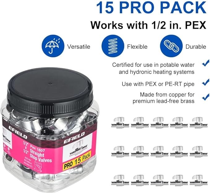 Pro 15-Pack EFIELD 1/4-Turn Straight Stop Valve, Pex Crimp 1/2" X 1/2" Pex, Chrome Plated LF Brass, ASTM F1807, Heavy Duty,(VALVE383)