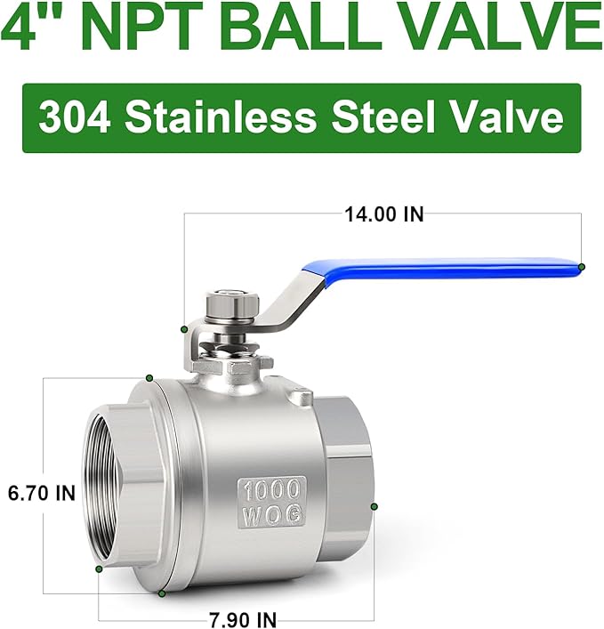 TAISHER 1PCS 4" FNPT Heavy Duty Full Porat Ball Valve 304 Stainless Steel with Blue Handles