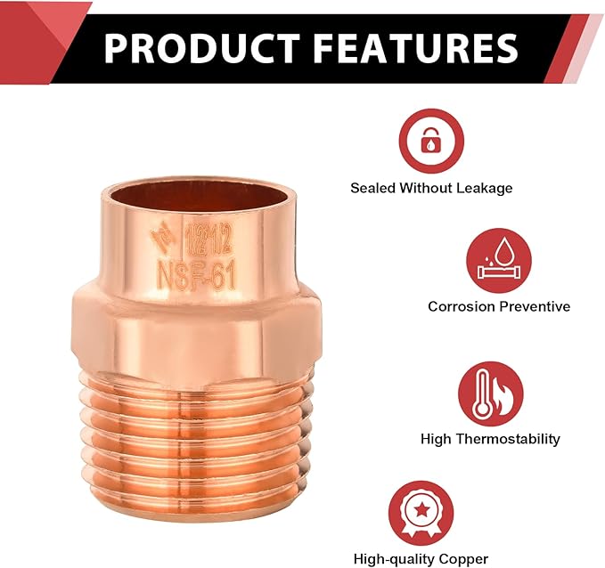 (Pack of 10) EFIELD 1/2-Inch Copper Male Adapter C x MIP, LF Copper Plumbing Fittings with Sweat Solder X MNPT Connection,(COPPER057)