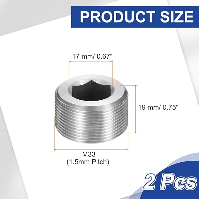 PATIKIL 2 Pcs 304 Stainless Steel Pipe Plug M33 x 1.5 Male Internal Hex Thread Socket Pipe Plug Hex Countersunk Pipe Fitting for Sealing Water Oil Gas Pipeline, Silver