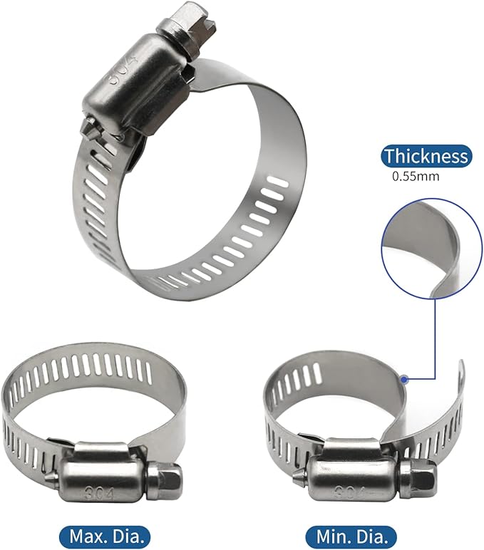 25 Pack Stainless Steel Hose Clamps, 1/4 inch to 1/2 inch Worm Gear Metal Hose Clamps for Pipe, Dryer Repair, Tubing and Fuel Line