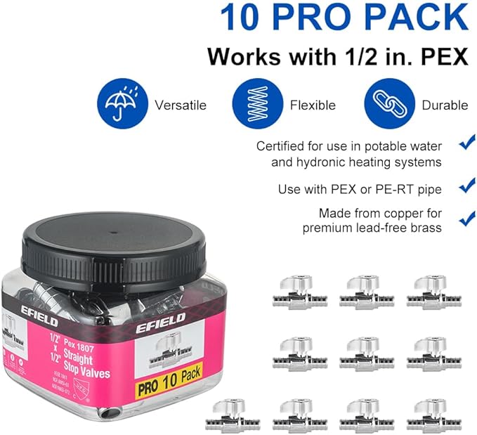 Pro 10-Pack EFIELD 1/4 Turn Straight Stop Valve, Pex Crimp 1/2" X 1/2" Pex, Chrome Plated LF Brass, ASTM F1807, Heavy Duty,(VALVE382)