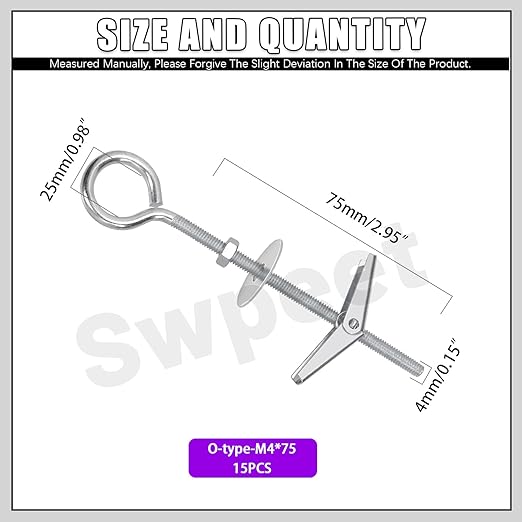 Swpeet 15 Set M4×75mm Eye Bolt Toggle Bolts and Wing Nut Kit with Hex Nuts, Washers Assortment Kit, Heavy Duty Butterfly Toggle Anchors Swag Hooks for Hanging Heavy Items on Drywall