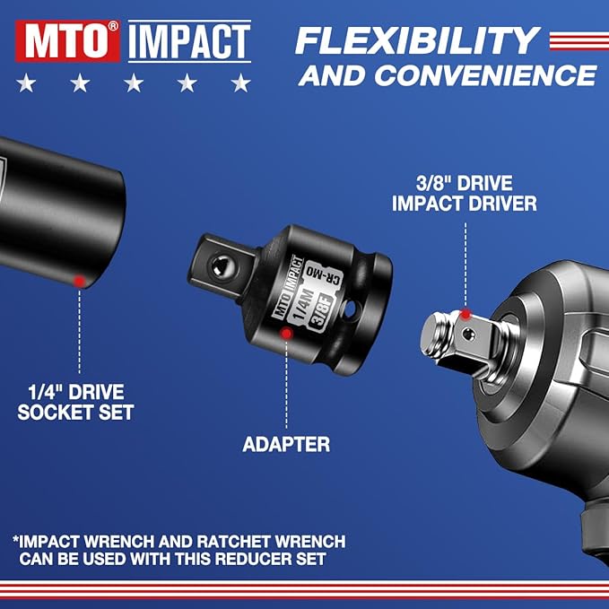 MTO 2-Piece Impact Socket Adapter and Reducer Set, 3/8" Female to 1/4" Male Reducer, 1/4" Female to 3/8" Male Adapter, CR-MO, for Impact Wrench & Ratchet Use