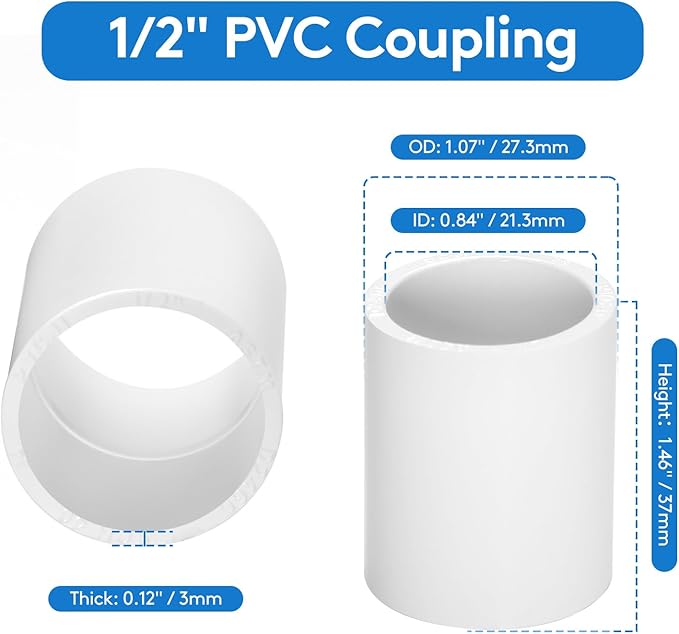 12 pcs 1/2" PVC Coupling Pipe Fittings (Socket x Socket) Schedule 40 PVC Fittings used For Plumbing and Irrigation