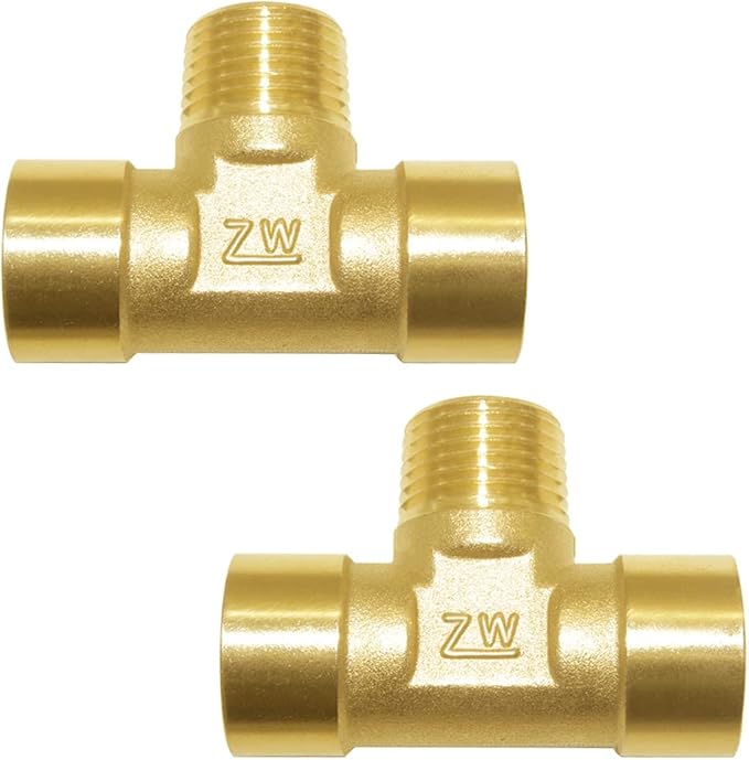 Joywayus Brass Pipe Fitting Barstock Tee 3 Way NPT 1/2" Female x 1/2" Male x 1/2" Female Hose Fitting (Pack of 2)