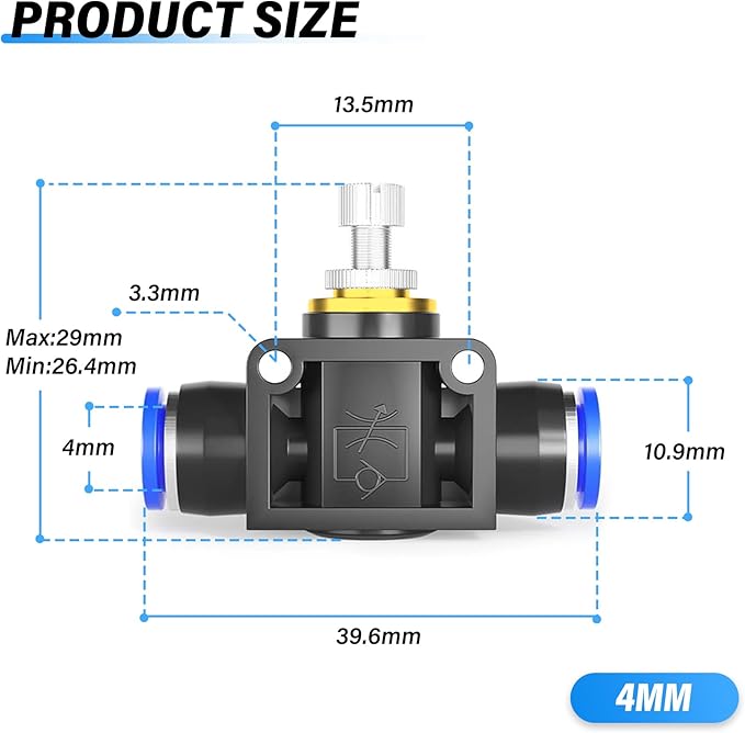 TAILONZ PNEUMATIC Air Flow Control Valve with Push-to-Connect Fitting, in-Line Speed Controller Union Straight - 4MM Tube OD x 4MM Tube OD SCF-4 （Pack of 5）