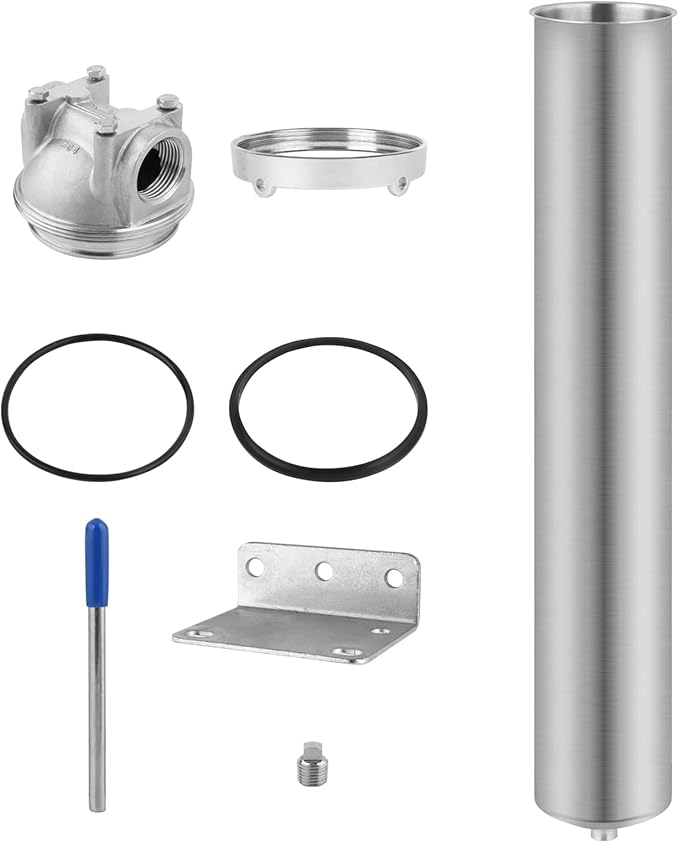 Amwater NSF/ANSI 42 Stainless Steel Whole House Water Filter Housing, 20" x 2.5" Sediment Water Filter System for Heavy Duty, Well & City Water, 3/4" NPT Port, Drain Valve Style C
