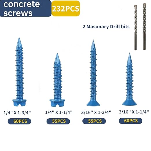 232Pcs Concrete Screws with Drill bits,1/4 3/16 Masonry Screws for Concrete Assortment Kit,4 Sizes Flat & Hex Head Block Cement Stacoo Screws and Anchors,Diamond Point,Blue Coated