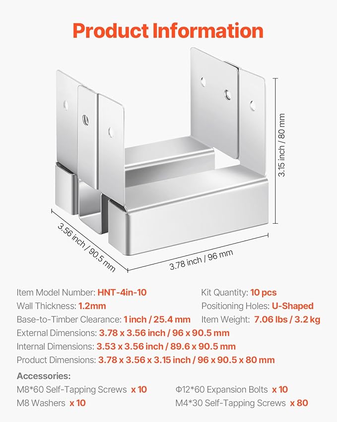 VEVOR 4x4 Post Base 10 Pcs, Inner Size 3.53x3.56inch/89.6x90.5mm Concrete Post Anchor, Heavy-Duty Zinc-Plated Carbon Steel Posts Brackets with 1 Inch Standoff Elevation, for Concrete Pergolas Patios