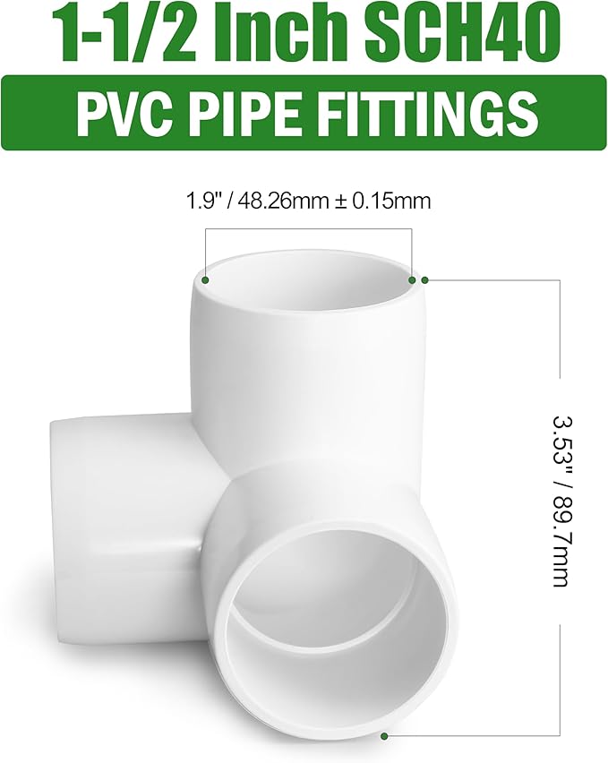 3 Way PVC Pipe Fittings 1-1/2 Inch, Zernmiarder White PVC Elbow Corner Side Outlet Tee Fitting, SCH40 Furniture Grade Pipe Connectors - Fits 1-1/2" Polyvinyl Chloride Pipes, 12 Pieces