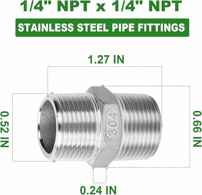 TAISHER 20PCS Cast 304 Stainless Steel Hex Nipple, Pipe Fitting 1/4" NPT Male x 1/4" NPT Male