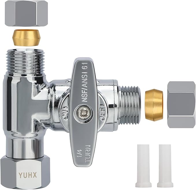 Brass Angle Stop Add-A-Tee Valve,3/8 x 3/8" x 3/8 Compression Water Splitter