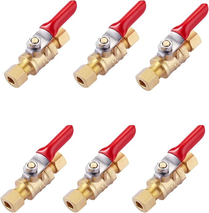 6 Pack Lead-Free Brass Mini Ball Valve Shut Off Switch, 1/4 inch Compression by 1/4 Compression Fitting