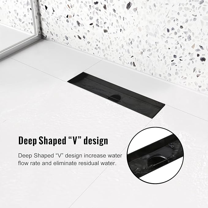 Linear Shower Drain, 12 inch Black Drain with Removable Grate Cover, Brushed 304 Stainless Steel Shower Floor Drain, Linear Drain with Hair Strainer and Adjustable Feet