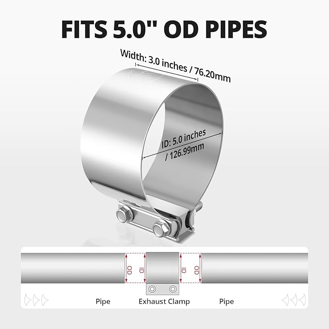 EVIL ENERGY 5.0 Inch Exhaust Clamp, Butt Joint Band Clamp Sleeve Coupler Stainless Steel for Pipes, Mufflers, Catalytic Converters, 1PCS