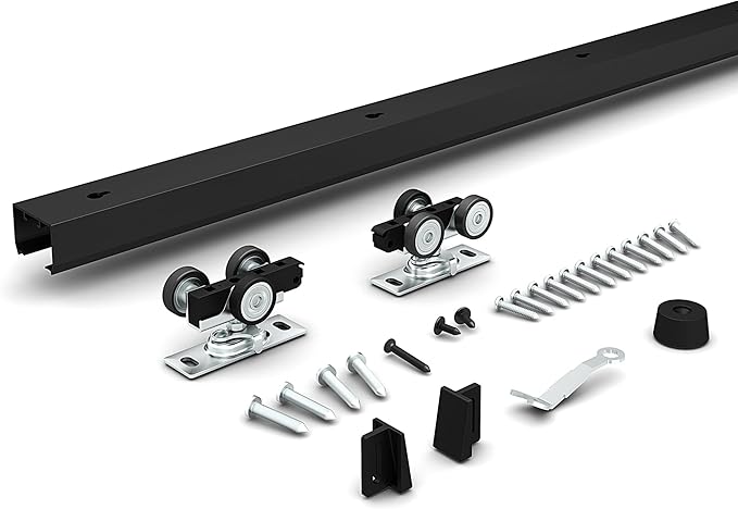 JUBEST 8FT Pocket Door Kit, Commercial Grade Sliding Pocket Door Hardware Kit, Aluminum Box Track 92.75", for Door 24"~48" Wide, Black Pocket Door Hardware,Easy to Install
