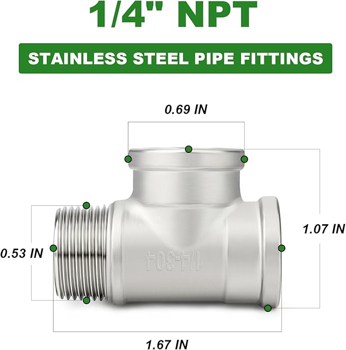 TAISHER 5PCS 304 Stainless Steel Tee Pipe Fittings, 1/4" NPT Female x 1/4" NPT Female x 1/4" NPT Male Pipe Fittings, Male Run Tee