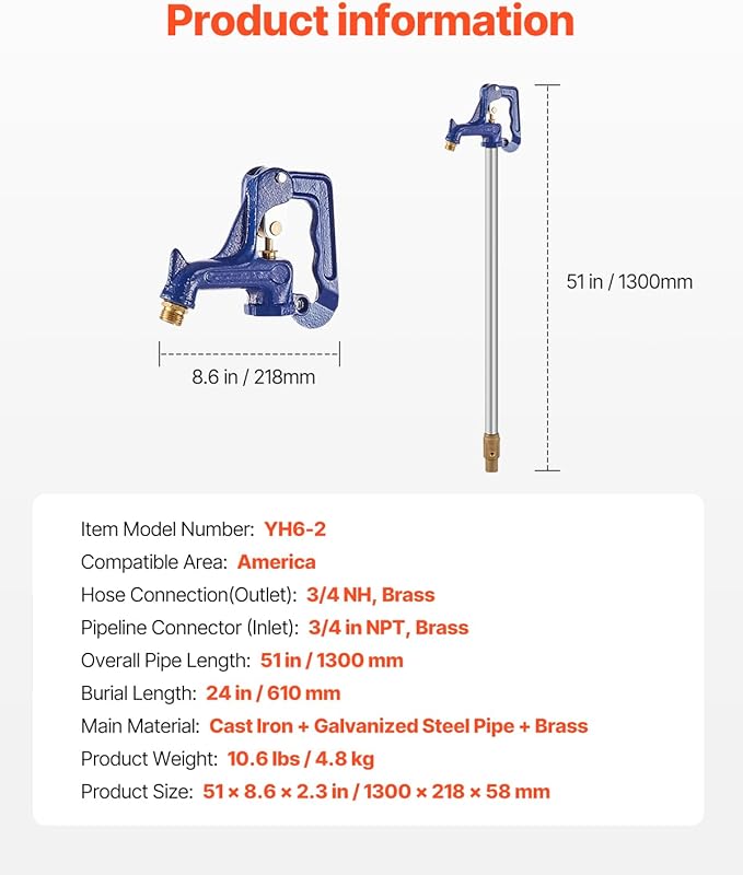 VEVOR Frost Proof Yard Hydrant, 4.25 FT Freeze-Proof Outdoor Faucet with 24" Bury Dept, 3/4" NPT Pipe Connection & 3/4" NH Hose Coupling, Heavy-Duty Cast Iron Hydrant for Yard, Garden, Farm Irrigation
