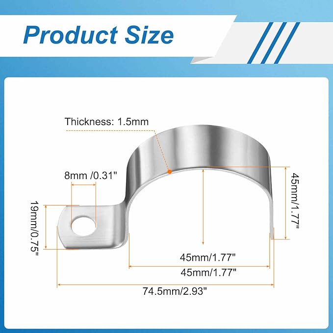 HARFINGTON 1-3/4 Inch Pipe Strap, 304 Stainless Steel Conduit Clip 10Pcs Single Hole Strap Clamp for Pipe Tube Cable Fixing (45mm, Silver)
