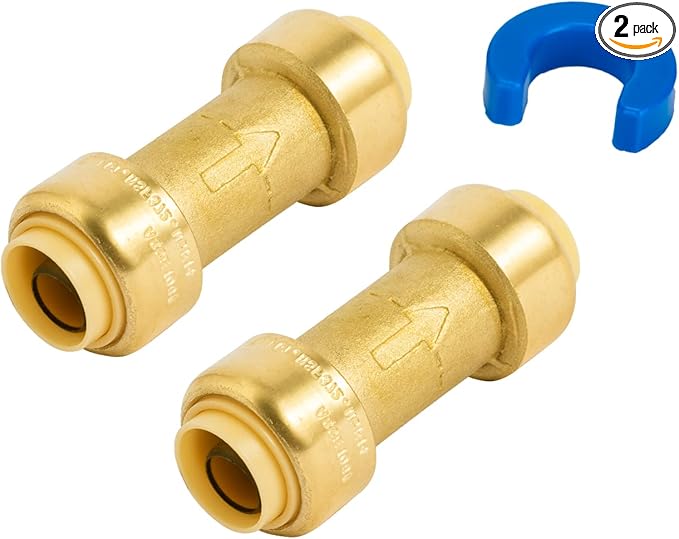 SUNGATOR Check Valve, 1/2 Inch Push-to-Connect, 2-Pack Push Fit Plumbing Fittings with Disconnect Clip, No Lead Brass PEX Fittings for Copper, PE-RT, CPVC Pipe