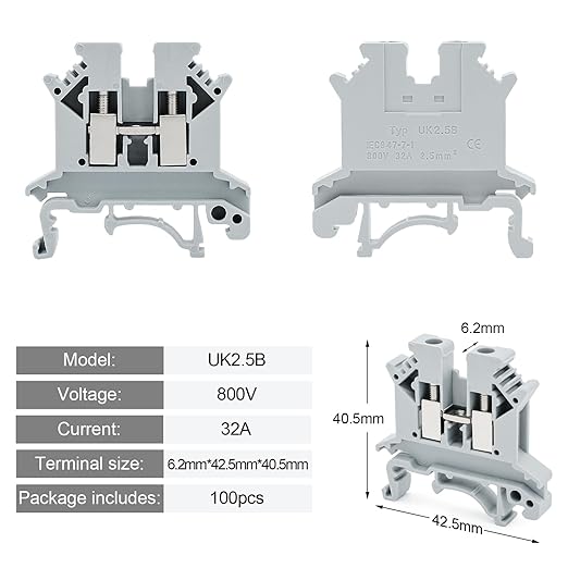 Grey UK2.5B Rail Type Terminal Block Voltage and Current Safety Ground Terminal Block 800V 32A 2.5 Square mm 100 Pack