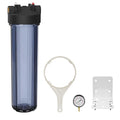 Max Water Whole House 20" x4.5" Purple Clear WH Water Filter Housing 1 inch Inlet/Outlet Ports with Pressure Gauge Wrench and Bracket (1 Housing + 1 Pressure Gauge)