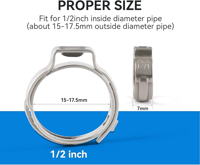 1/2 Inch PEX Cinch Clamp Rings, 100 Pack Stainless Steel Crimp Ring for PEX Pipe Tubing