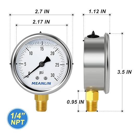 MEANLIN MEASURE 0~30Psi Stainless Steel 1/4" NPT 2.5" Single Scale FACE DIAL,Glycerin Filled Pressure Gauge, WOG Water Oil Air Lower Mount, with 1/4" x 1/2" NPT and 1/4" x 3/8" NPT Hex Bushing