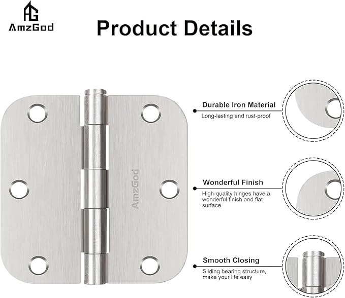 Door Hinges Brushed Nickel - 48 Pack Nickel Door Hinges 3.5 Inch Rounded Interior Satin Nickel Door Hinge with 5/8" Radius - Flat Iron Residential Standard 3 1/2 Inches Silver Door Hardware
