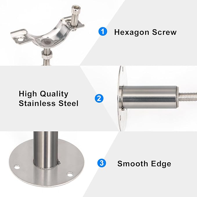 Kodilin 4PCS 304 Stainless Steel Wall Mount Ceiling Mount Pipe Supports,Suitable for OD Pipe 3/4"(25-28mm),Adjustable Height 50-100mm,Adjustable Pipe Strap Clamp with Screws