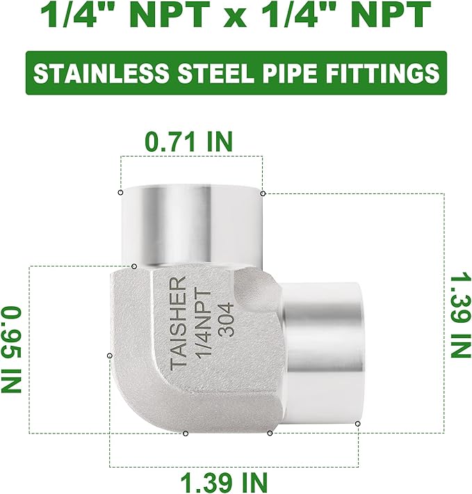 TAISHER 2PCS 304 Stainless Steel 90 Degree Barstock Street Elbow, 1/4 Inch NPT Female Pipe to 1/4 Inch NPT Female 304 Stainless Pipe Fitting