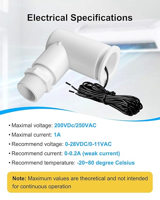 SS2 Float Switch L Shape Compatible with Safe-T-Switch, AC Float Switch for HVAC Drain Pan Condensate Outlet, AC Water Level Switch with 3/4 Inch Adapter 6Ft Wire and Tape, 2 Pack