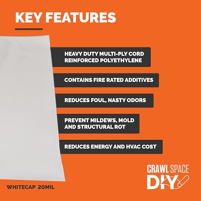 Whitecap Premium Reinforced Vapor Barrier - 20 Mil - (12' x 100') - Tear Resistant, Heavy Duty Vapor Barrier, Dura Skrim Moisture Barrier Plastic Sheeting for Crawlspace, Garden, Greenhouses