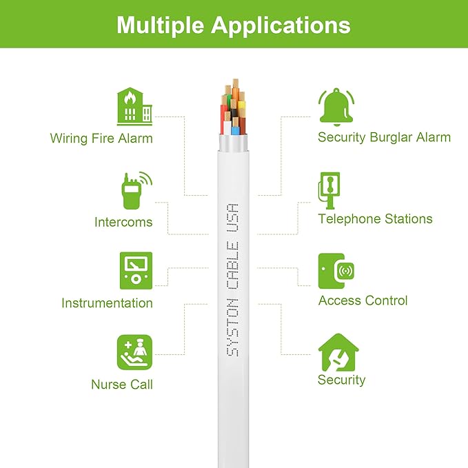 SYSTON 18/8 Fire Security Burglar Station Sound Alarm Control Cable Wire, 18 AWG 8 Conductors Plenum-Rated CMP/CL3P Shielded 100% Copper Stranded, UV Resistant RoHS for Low Voltage Applications Use