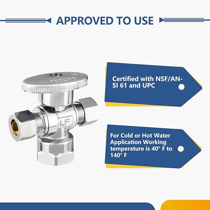 10-Pack GUOFIS Angle Stop Valve with Dual Compression Outlet,1/2" Fip Iron Pipe Inlet x (3/8" x 3/8") Outlet Shut-off Valves(1/4 Turn,Chrome)(VALVE369-10Pack)