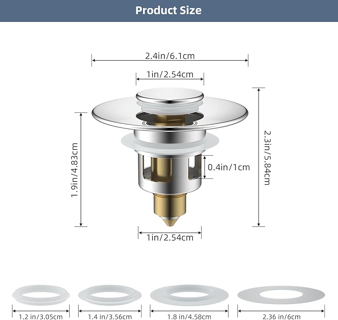 Hibbent 2 Pack All Metal Universal Bathroom Sink Stopper for 1.1''~2.3'' Basin, Pop Up Sink Drain Strainer, Brass Bullet Core Push Type Stopper, Stainless Steel Anti Clogging Drain Filter, Chrome