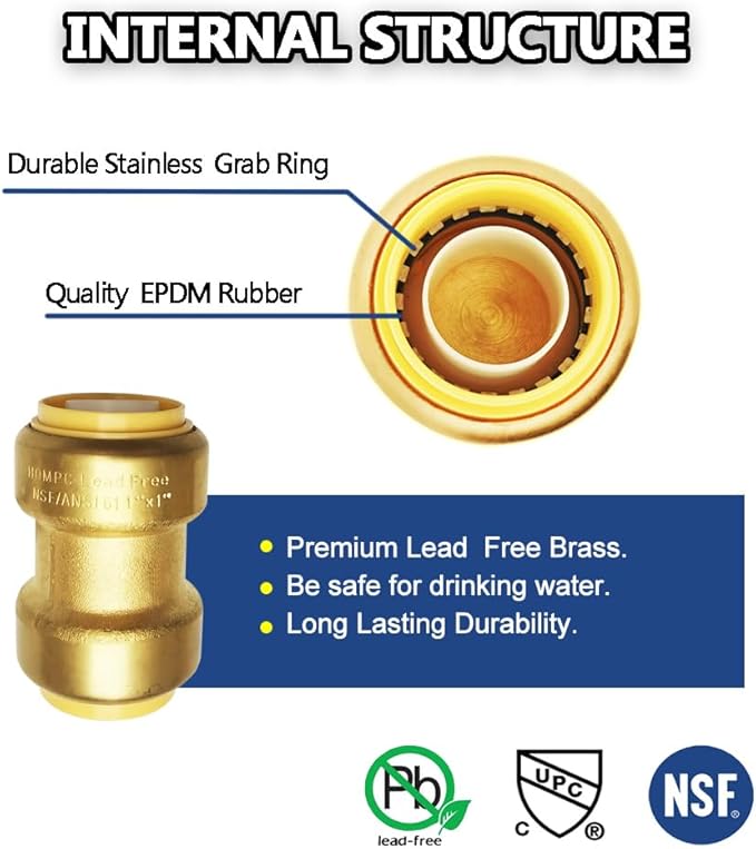 HQMPC 1" Pex fitting Straight Coupling Push Fit PEX Fittings, Push-to-Connect Copper, CPVC, No Pb Brass Plumbing Fittings (2, 1 Inch(1"))