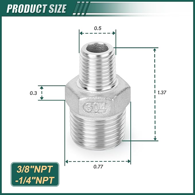 10PCS 304 Stainless Steel Reducing Hex Nipple, 3/8" x 1/4" Male NPT Straight Head Pipe Adapter Fittings, Reducer Nipples Connectors for Oil, Water Line, Gas