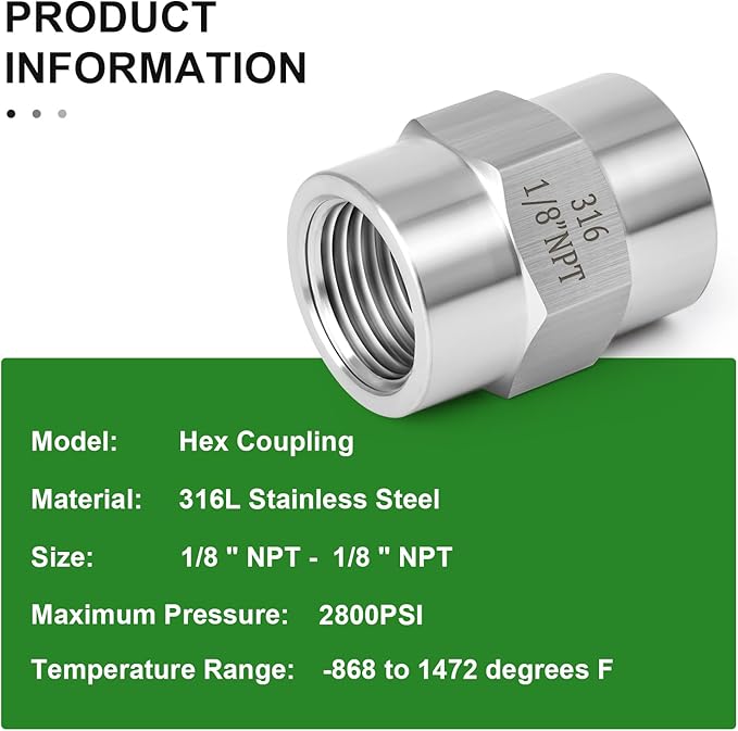 TAISHER 5PCS Forging of 316L Stainless Steel Pipe Fitting, Coupling, 1/8" NPT Female x 1/8" NPT Female, Pipe Adapter Fitting