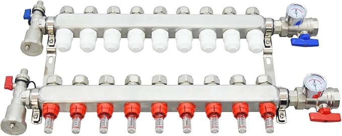 9 Branch PEX Radiant Floor Heating Manifold Set Floor Heating Water Distributor 1/2" Pipe Adapter 308 Stainless Steel and Brass, for Heating Systems