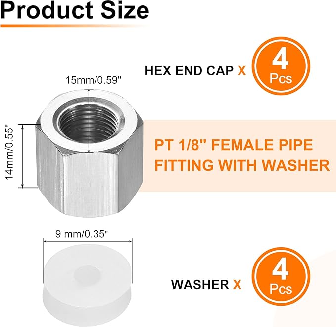 uxcell 4pcs Hex End Cap 304 Stainless Steel Nut with Washer, PT 1/8" Female Thread Pipe Fitting, Gas Line Water Line Stop Valve Cap Tubing Ends for Plumbing Fittings, Silver Tone