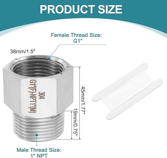uxcell Pipe Fitting Reducing Adapter, 1" NPT Male x G1" Female 304 Stainless Steel Reducer Connectors for Water Oil Air Pressure Gauge, Silver