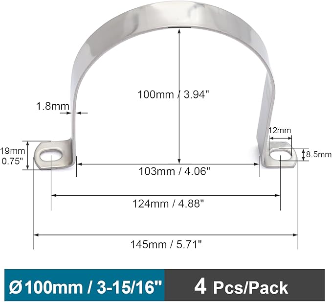 OD 3-15/16" Conduit Clamp 304 SS 2-holes U Pipe Bracket, Tube Clamps for Large Cable/Pipe, Heavy Duty Pipe Clamp | OD 3-15/16" | 4 pcs