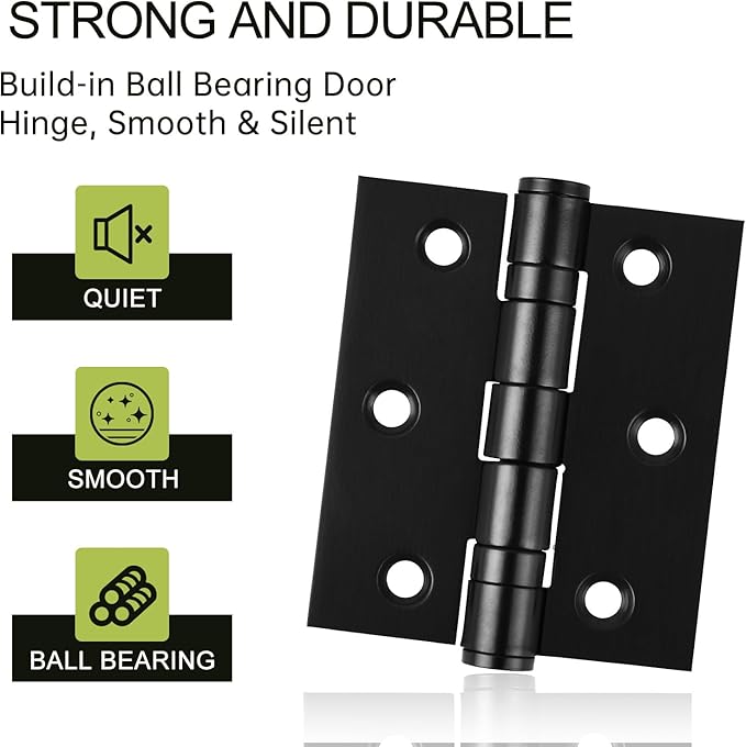 6-Pack Black Door Hinges, 3 Inch Heavy Duty Stainless Steel Hinge for Interior Exterior Doors, Max Loading 100LB, Matte Black Ball Bearing Hinges with Screws, Smooth and Quiet