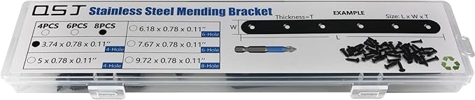 8 Pcs Black Straight Mending Plate Bracket Brace Stainless Steel Straight Brackets 95mm / 3.74" Wood Brace with Screws and Screwdriver