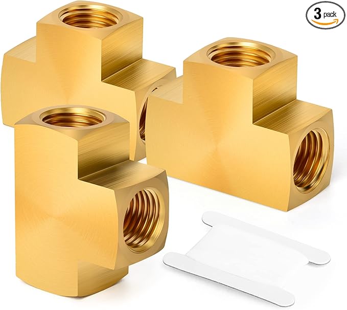 GASHER 3 Pcs Brass Barstock Tee, 1/2" x 1/2" x 1/2" NPT Female Pipe Fittings