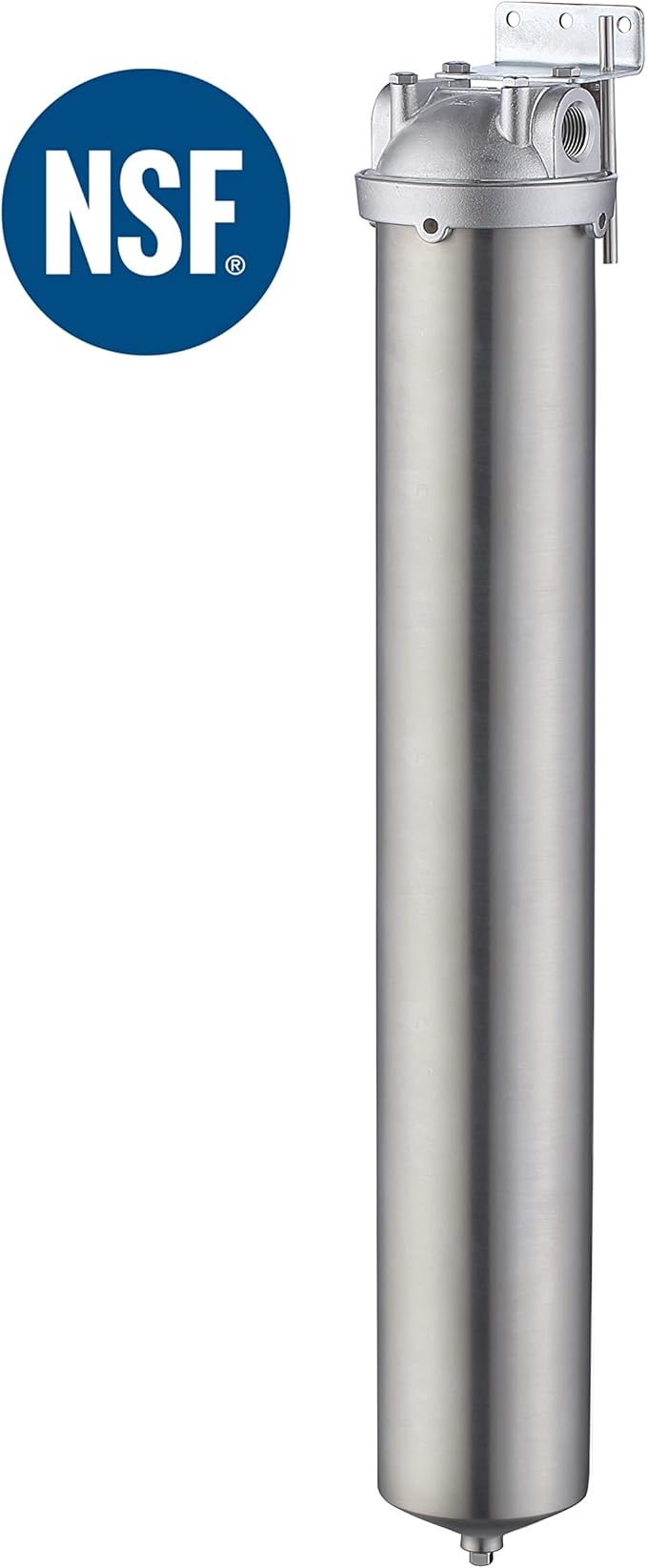 Amwater NSF/ANSI 42 Stainless Steel Whole House Water Filter Housing, 20" x 2.5" Sediment Water Filter System for Heavy Duty, Well & City Water, 3/4" NPT Port, Drain Valve Style C