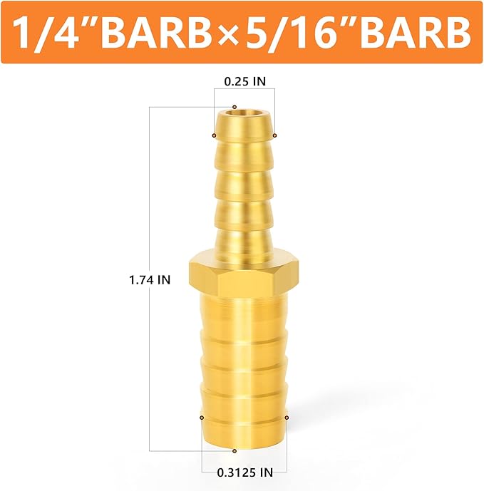 GASHER 2 Pieces Brass Hose Barb Reducer, 5/16 Inch to 1/4 Inch Barb Hose ID with 4 Hose Clam, Brass Barb Reducer SPLICER Fitting Fuel/AIR/Water/Oil/Gas/WOG
