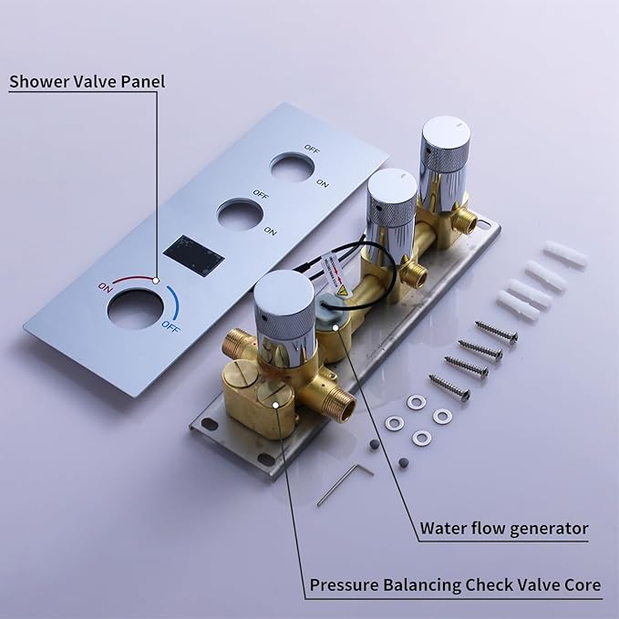 Concealed Mount Brass Shower Valve, Digital Temperature Display, Flow Control Mixing Valve, 2 Function, Chrome